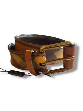 Burberry Women’s Tan & Brown Check Leather Belt + Gold-Tone Buckle - Small. NWOT